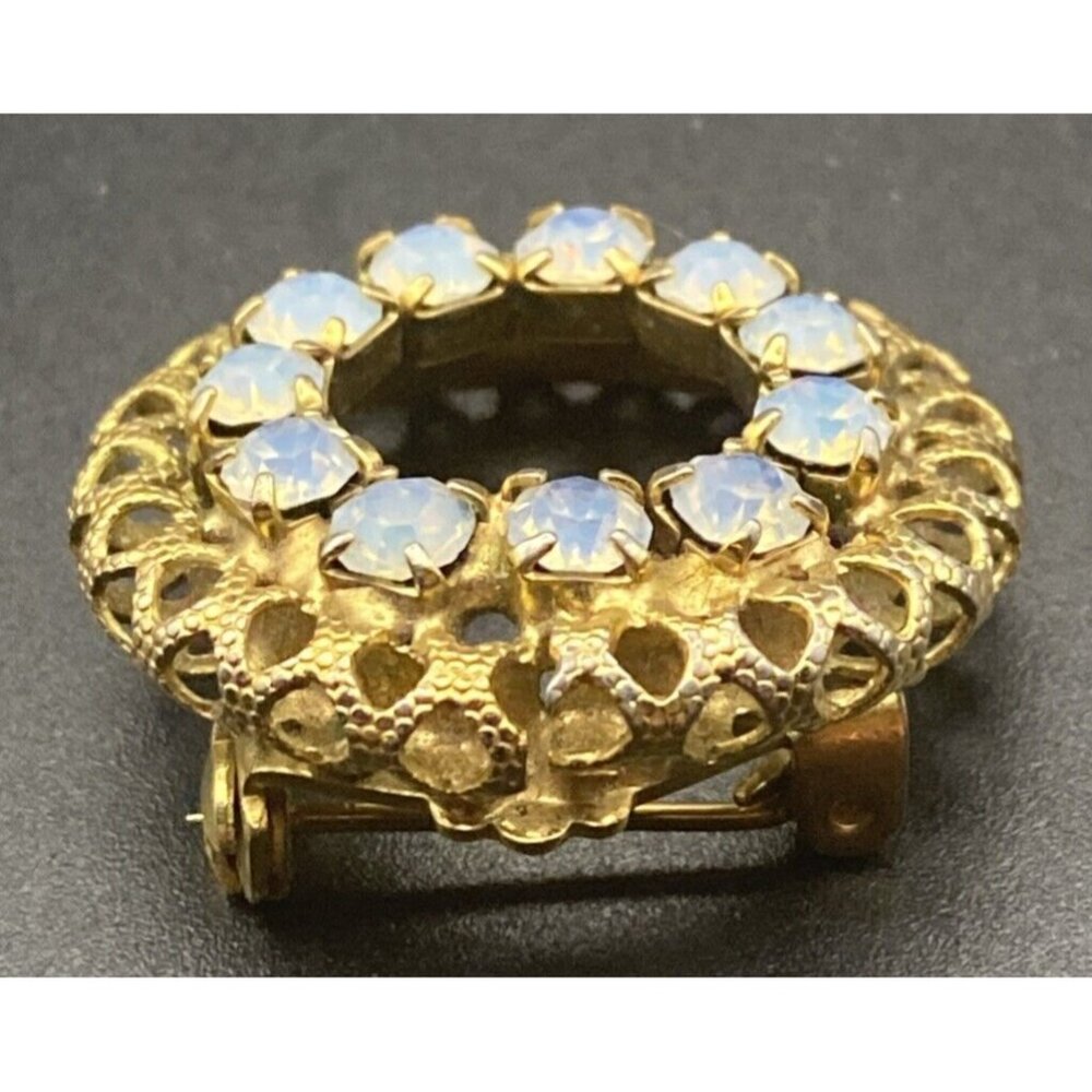 Vintage Brooch Pin Opaline Glass Circle Yellow Gold Plated Rhinestone Art Deco - Picture 4 of 7